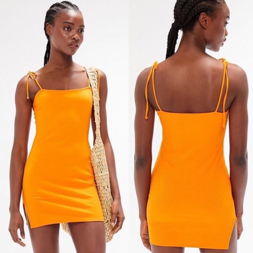 Urban Outfitters Ribbed Tie-Shoulder Bodycon Tangerine Orange Mini Dress Small